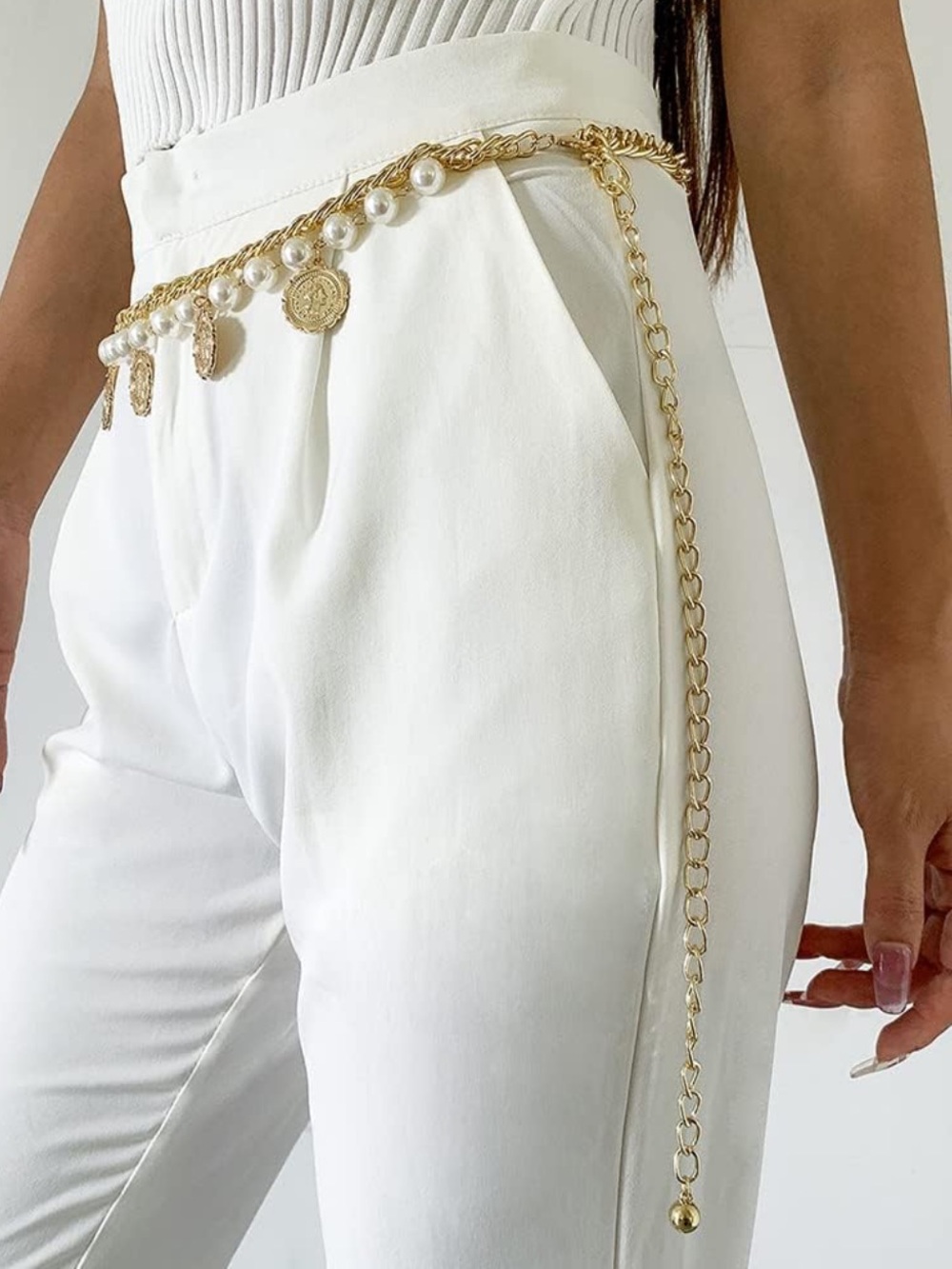 Gold Coin & Pearl Chain Waist Belt | Vintage Luxe Body Chain | Adjustable Boho - Picture 4 of 5